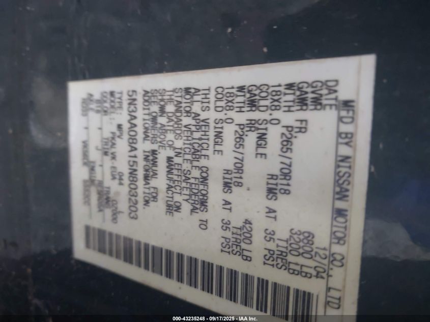 2005 Infiniti Qx56 VIN: 5N3AA08A15N803203 Lot: 43235248