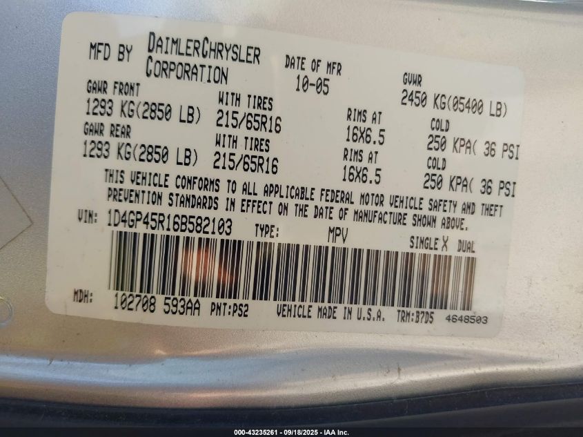 2006 Dodge Caravan Sxt VIN: 1D4GP45R16B582103 Lot: 43235261