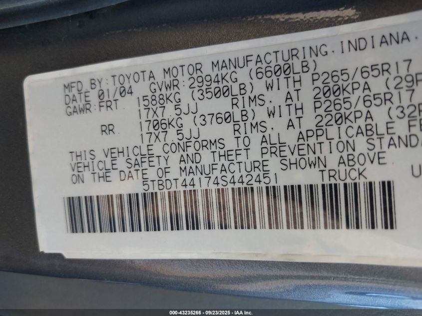 2004 Toyota Tundra Sr5 V8 VIN: 5TBDT44174S442451 Lot: 43235266