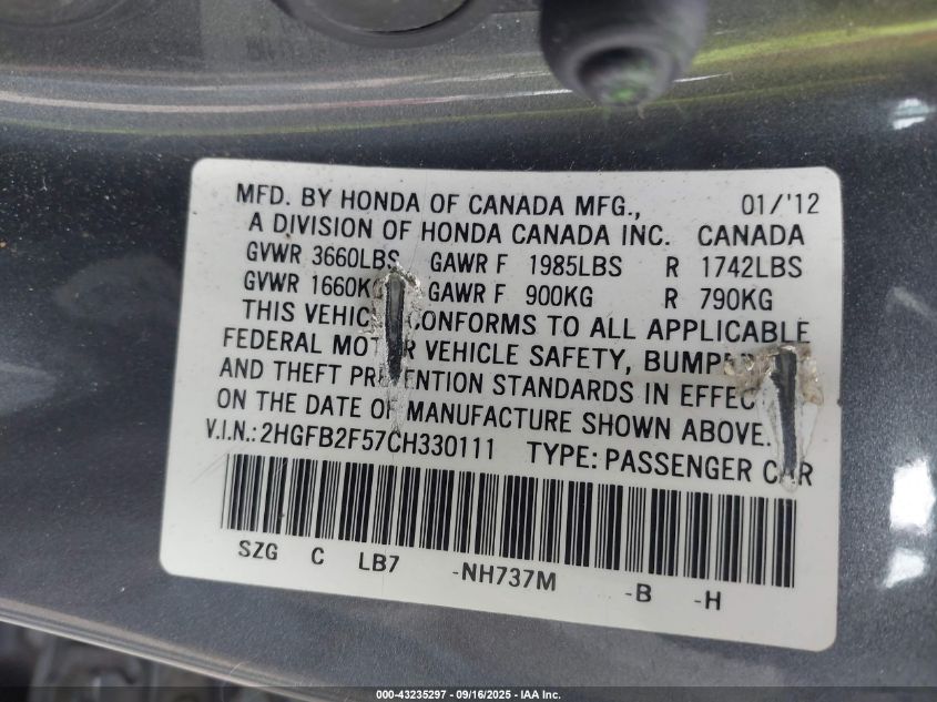 2012 Honda Civic Lx VIN: 2HGFB2F57CH330111 Lot: 43235297