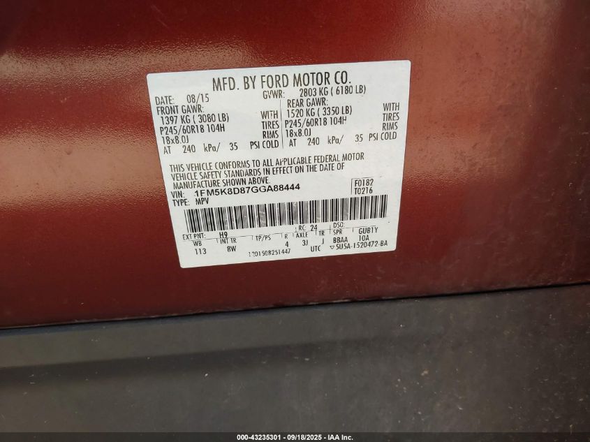 2016 Ford Explorer Xlt VIN: 1FM5K8D87GGA88444 Lot: 43235301