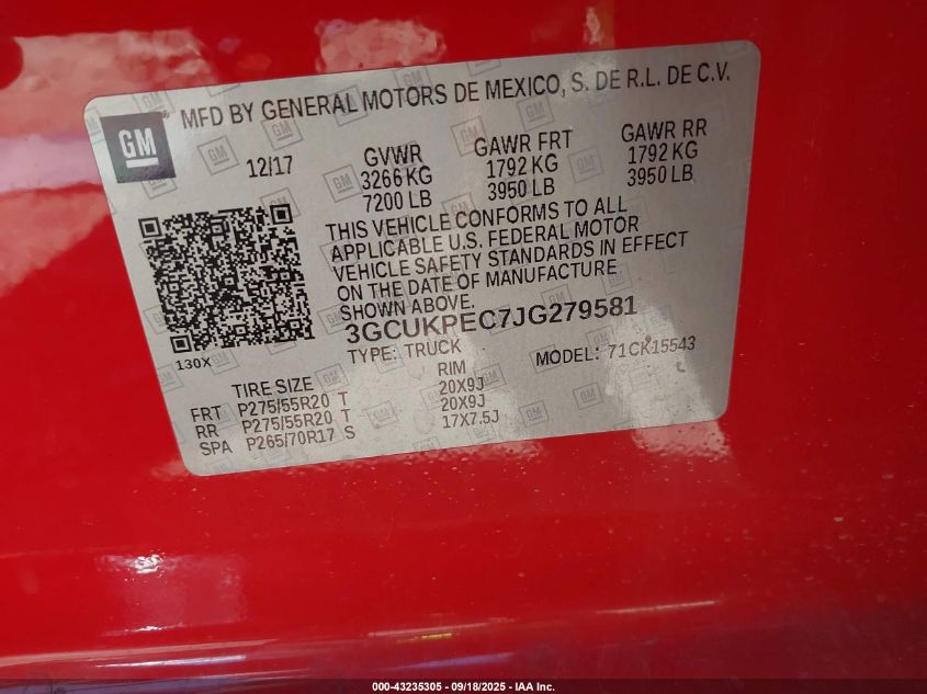 2018 Chevrolet Silverado 1500 Custom VIN: 3GCUKPEC7JG279581 Lot: 43235305