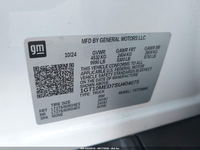 2025 GMC Sierra Ev Extended Range Denali VIN: 1GT10MED7SU404075 Lot: 43235310
