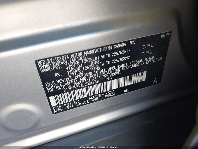 2020 Toyota Rav4 Le VIN: 2T3H1RFV6LC034789 Lot: 43235320