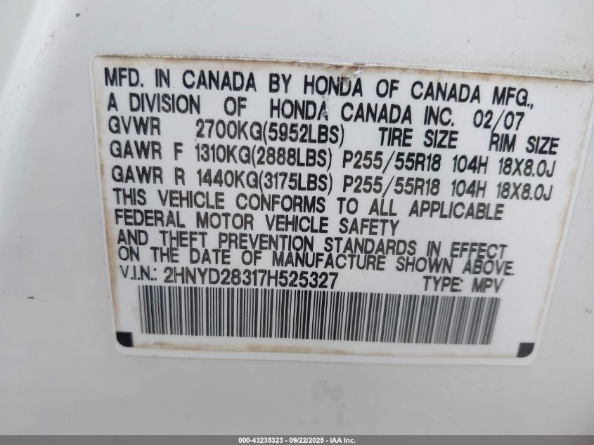 2007 Acura Mdx Technology Package VIN: 2HNYD28317H525327 Lot: 43235323