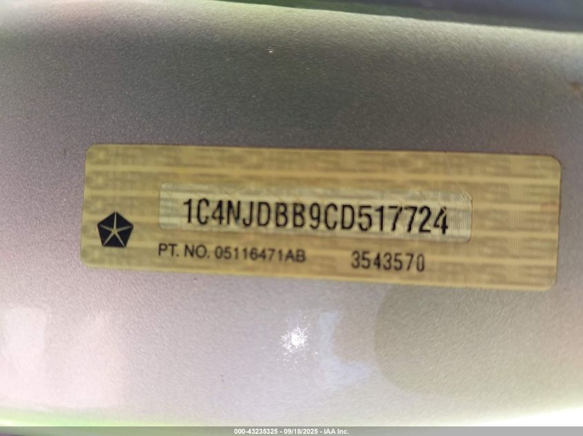 2012 Jeep Compass Sport VIN: 1C4NJDBB9CD517724 Lot: 43235325
