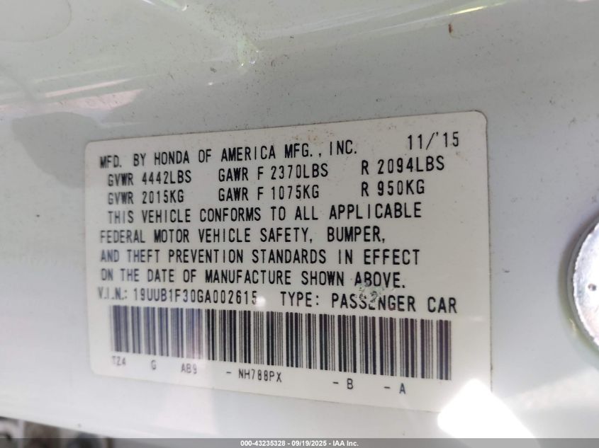 2016 Acura Tlx VIN: 19UUB1F30GA002615 Lot: 43235328