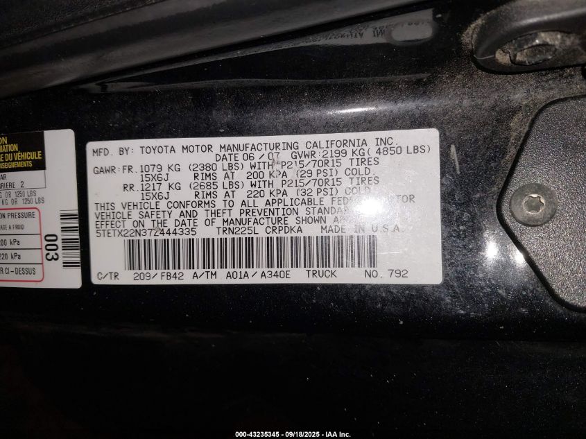 2007 Toyota Tacoma VIN: 5TETX22N37Z444335 Lot: 43235345