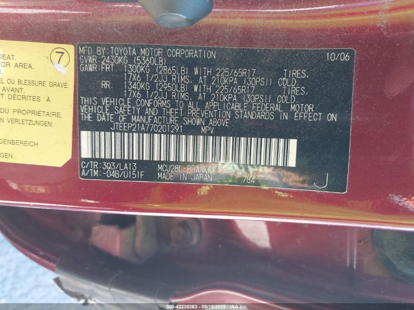 2007 Toyota Highlander Limited V6 VIN: JTEEP21A770201291 Lot: 43235363