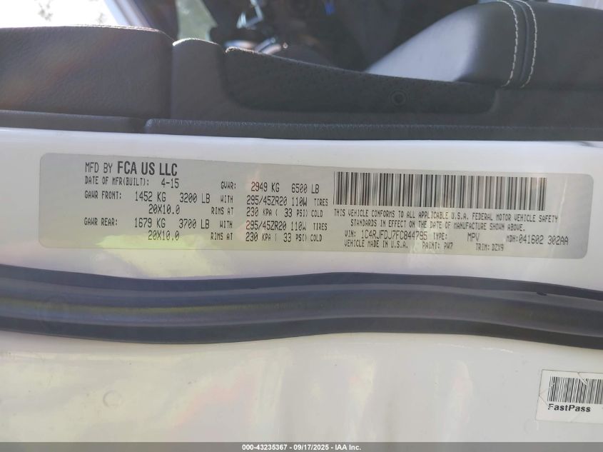 2015 Jeep Grand Cherokee Srt VIN: 1C4RJFDJ7FC844795 Lot: 43235367