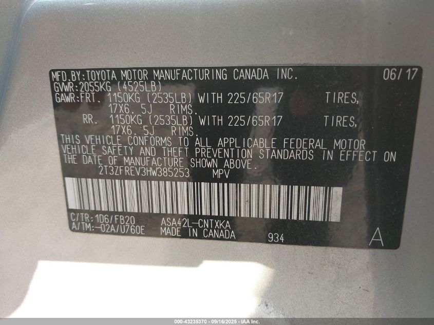 2017 Toyota Rav4 Le VIN: 2T3ZFREV3HW385253 Lot: 43235370