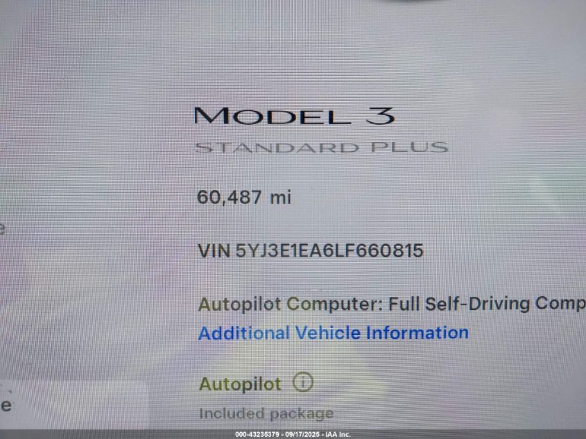 2020 Tesla Model 3 Standard Range Plus Rear-Wheel Drive/Standard Range Rear-Wheel Drive VIN: 5YJ3E1EA6LF660815 Lot: 43235379
