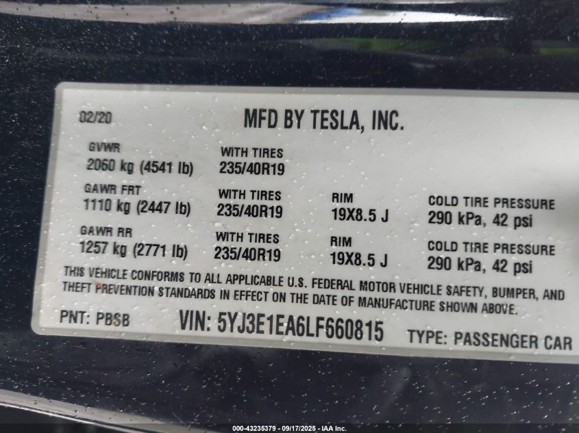 2020 Tesla Model 3 Standard Range Plus Rear-Wheel Drive/Standard Range Rear-Wheel Drive VIN: 5YJ3E1EA6LF660815 Lot: 43235379