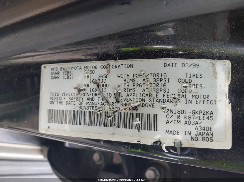 1999 Toyota 4Runner Limited V6 VIN: JT3GN87R5X0119860 Lot: 43235390