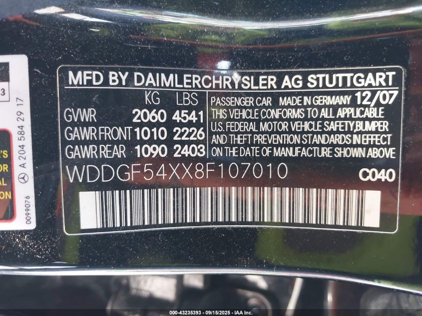 2008 Mercedes-Benz C 300 Luxury/Sport VIN: WDDGF54XX8F107010 Lot: 43235393