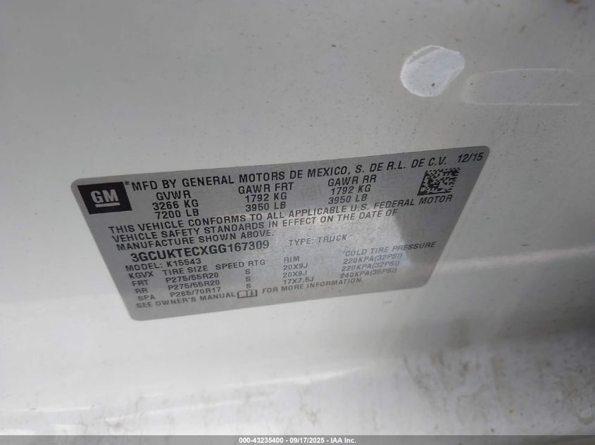 2016 Chevrolet Silverado 1500 High Country VIN: 3GCUKTECXGG167309 Lot: 43235400
