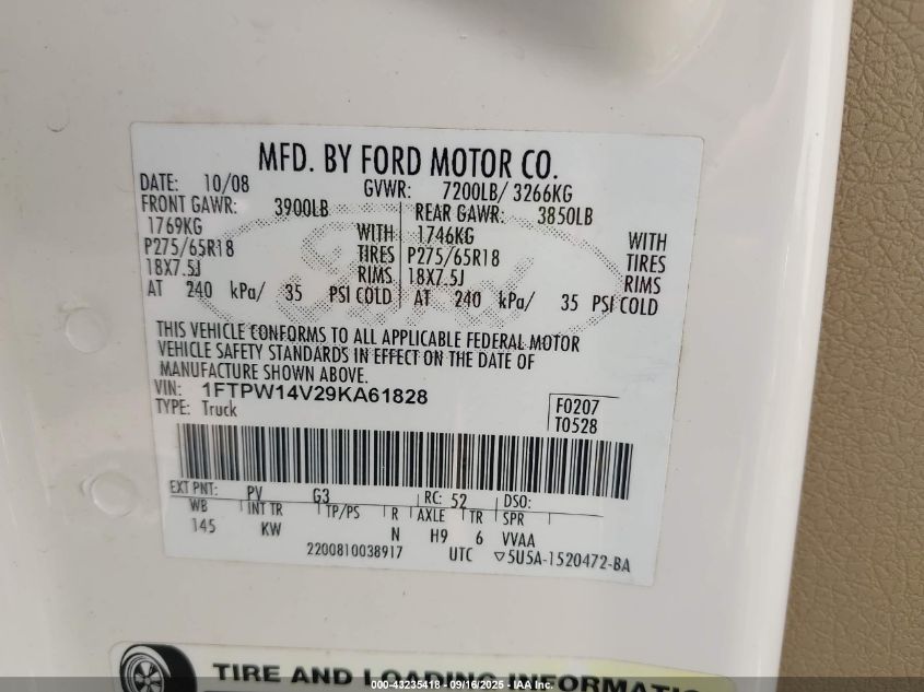 2009 Ford F-150 Fx4/King Ranch/Lariat/Platinum/Xl/Xlt VIN: 1FTPW14V29KA61828 Lot: 43235418