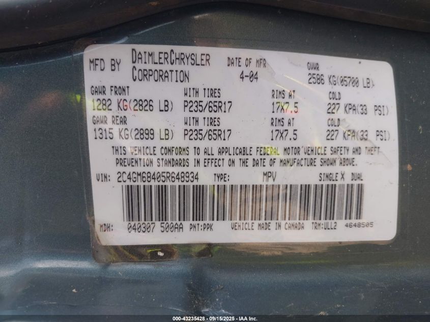 2005 Chrysler Pacifica Touring VIN: 2C4GM68405R648934 Lot: 43235428