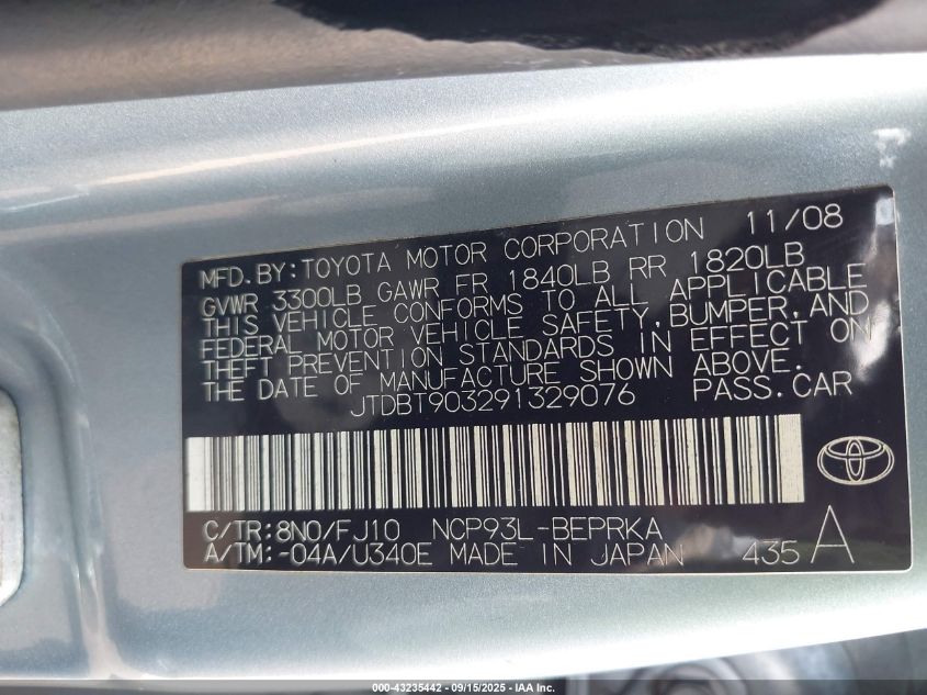 2009 Toyota Yaris VIN: JTDBT903291329076 Lot: 43235442