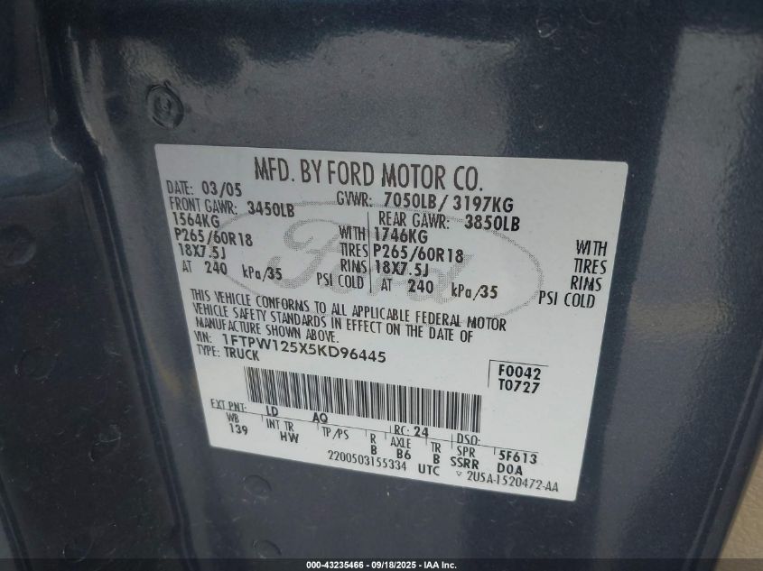 2005 Ford F-150 Lariat/Xlt VIN: 1FTPW125X5KD96445 Lot: 43235466