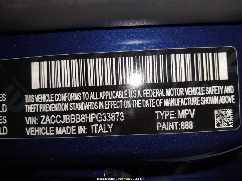 2017 Jeep Renegade Latitude 4X4 VIN: ZACCJBBB8HPG33873 Lot: 43235483