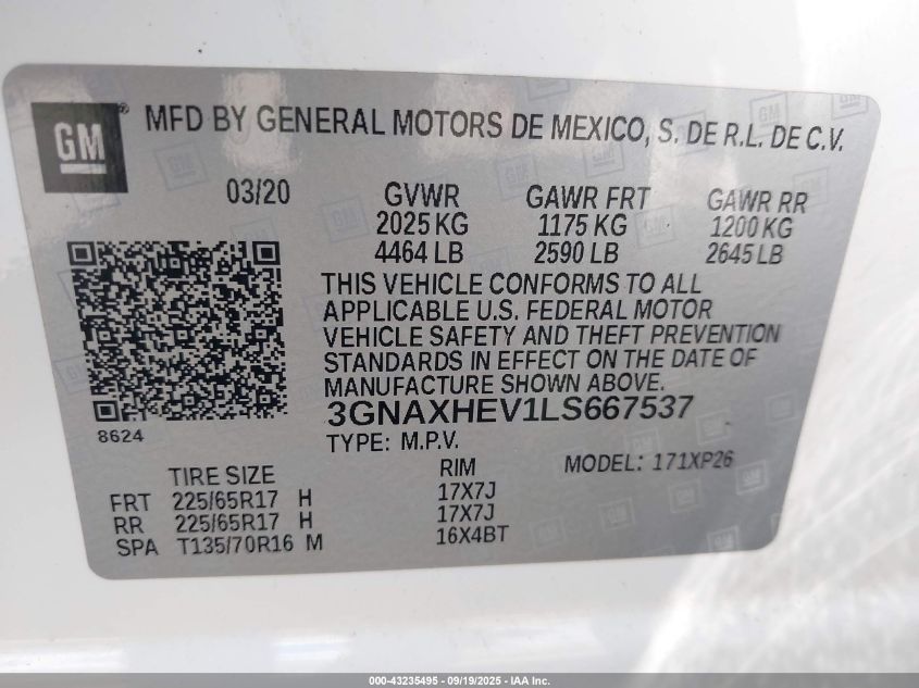 2020 Chevrolet Equinox Fwd Ls VIN: 3GNAXHEV1LS667537 Lot: 43235495