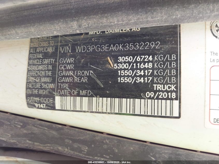 2019 Mercedes-Benz Metris VIN: WD3PG3EA0K3532292 Lot: 43235501