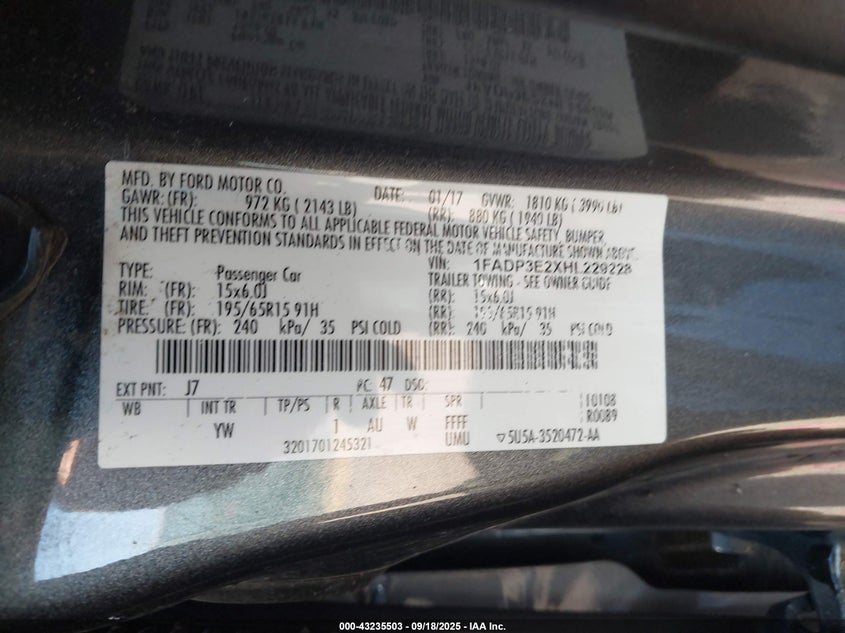 2017 FORD FOCUS S - 1FADP3E2XHL229228