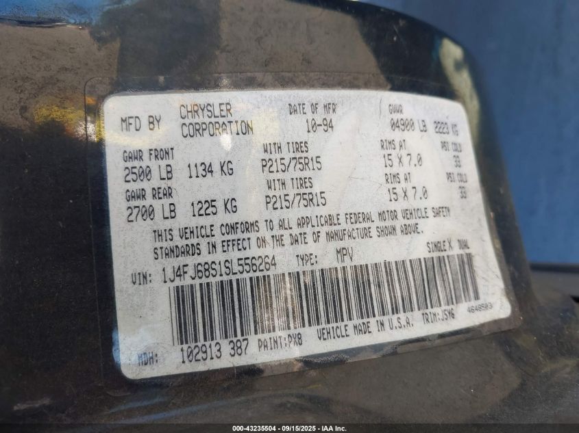 1995 Jeep Cherokee Sport VIN: 1J4FJ68S1SL556264 Lot: 43235504