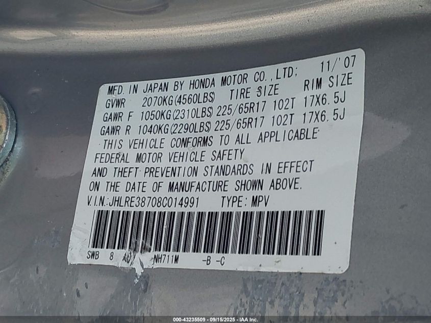 2008 Honda Cr-V Ex-L VIN: JHLRE38708C014991 Lot: 43235509