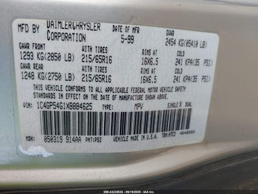 1999 Chrysler Town & Country Lx VIN: 1C4GP54G1XB884625 Lot: 43235535