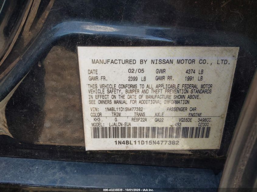 2005 Nissan Altima 3.5 Se VIN: 1N4BL11D15N477382 Lot: 43235539