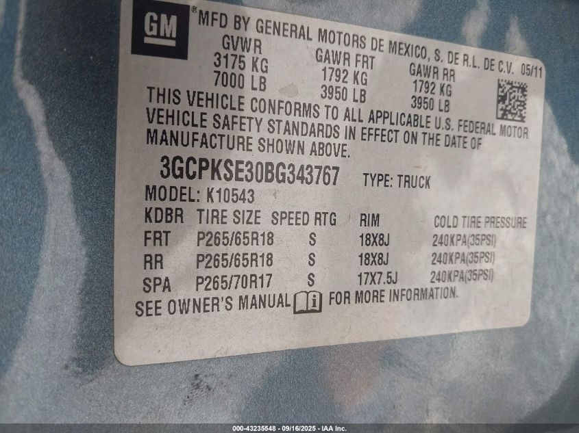 2011 Chevrolet Silverado 1500 Lt VIN: 3GCPKSE30BG343767 Lot: 43235548