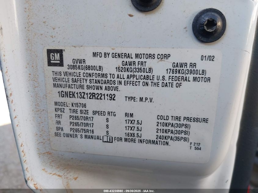 2002 Chevrolet Tahoe Z71 VIN: 1GNEK13Z12R221192 Lot: 43235560