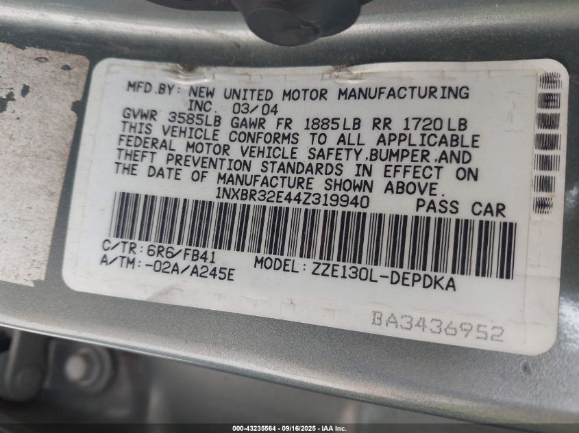 2004 Toyota Corolla Ce VIN: 1NXBR32E44Z319940 Lot: 43235564