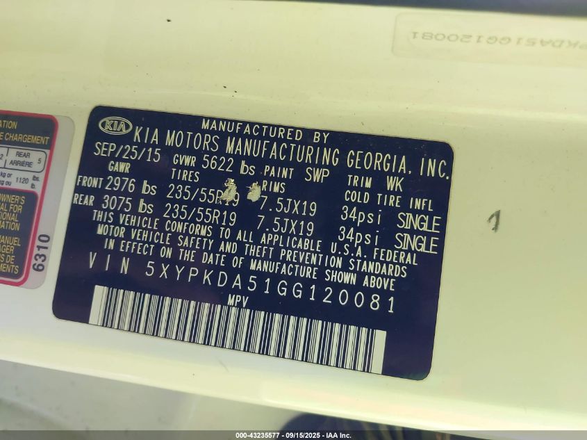 2016 Kia Sorento 3.3L Sxl VIN: 5XYPKDA51GG120081 Lot: 43235577