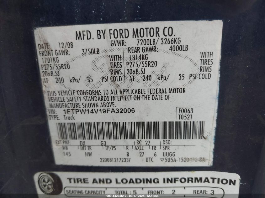 2009 Ford F-150 Fx4/King Ranch/Lariat/Platinum/Xl/Xlt VIN: 1FTPW14V19FA32006 Lot: 43235612