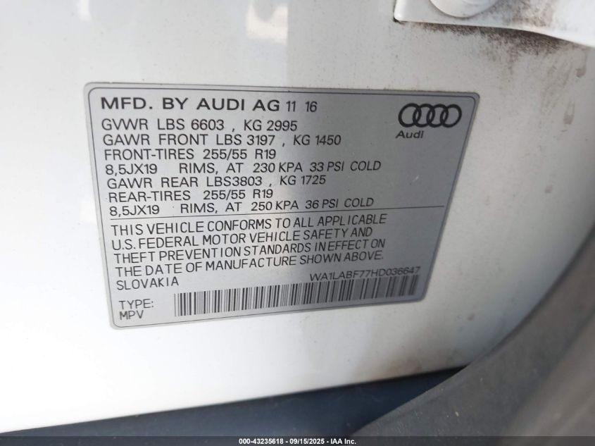 2017 Audi Q7 3.0T Premium VIN: WA1LABF77HD036647 Lot: 43235618