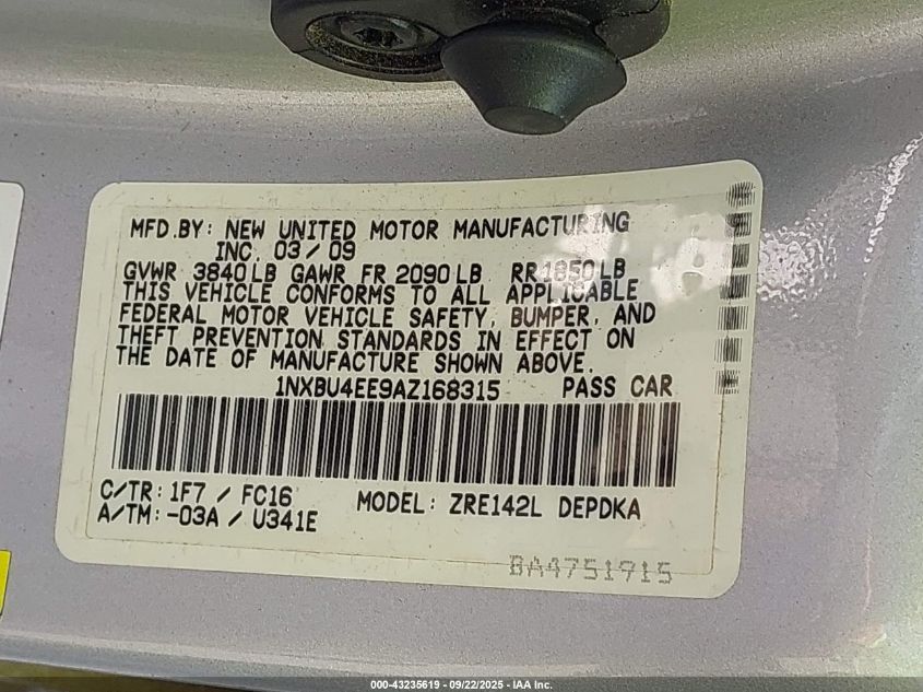 2010 Toyota Corolla Le VIN: 1NXBU4EE9AZ168315 Lot: 43235619