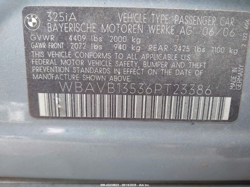 2006 BMW 3 Series 325I VIN: WBAVB13536PT23386 Lot: 43235623