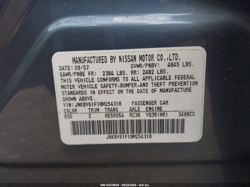 2008 Infiniti G35X VIN: JNKBV61F18M254318 Lot: 43235626