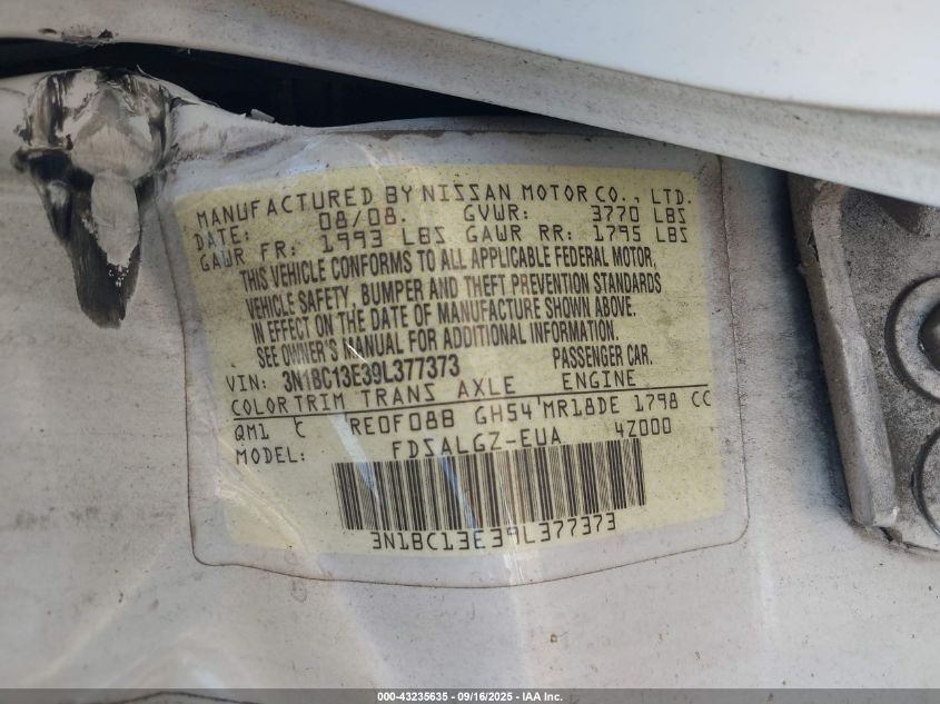 2009 Nissan Versa 1.8Sl VIN: 3N1BC13E39L377373 Lot: 43235635