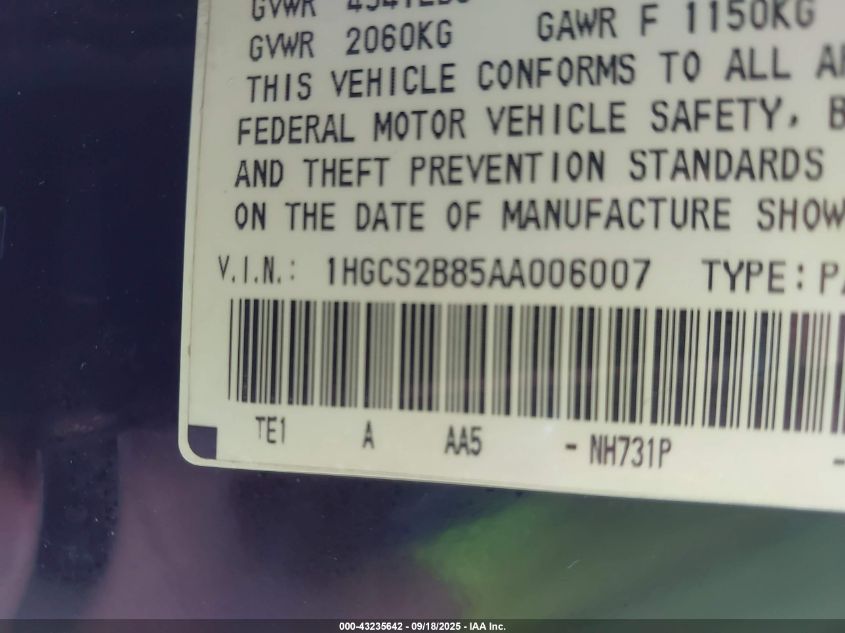 2010 Honda Accord 3.5 Ex-L VIN: 1HGCS2B85AA006007 Lot: 43235642