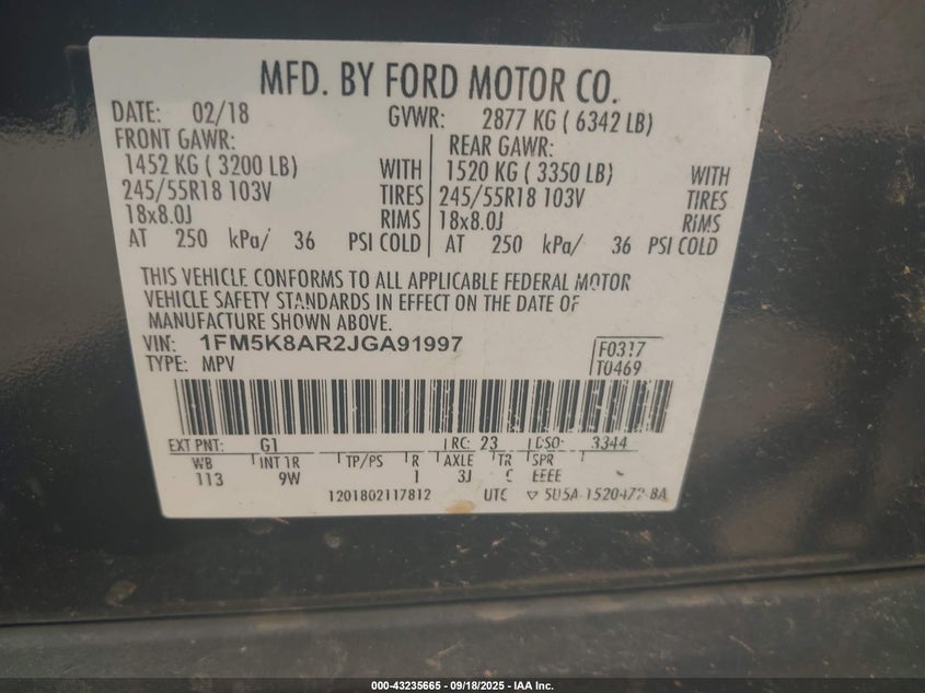 2018 FORD POLICE INTERCEPTOR - 1FM5K8AR2JGA91997