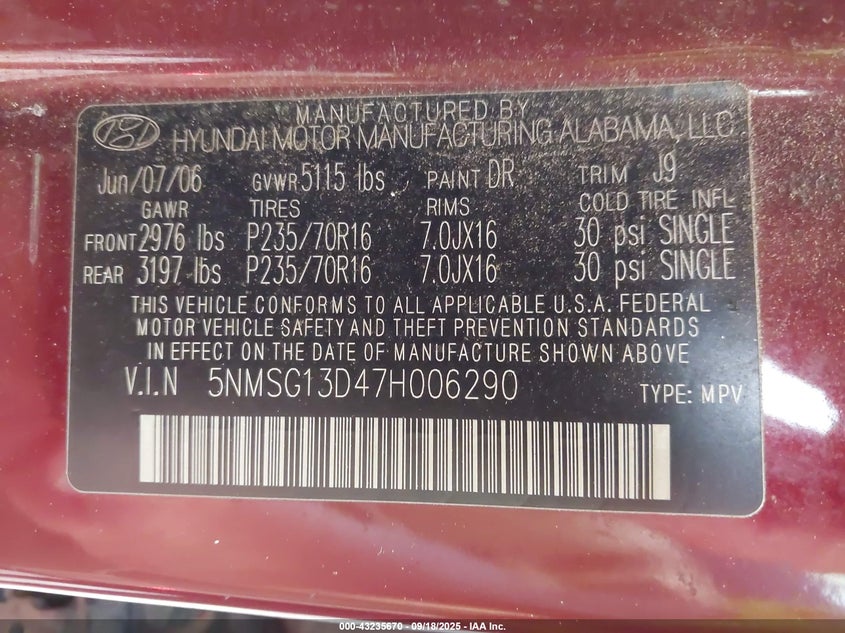 2007 Hyundai Santa Fe Gls VIN: 5NMSG13D47H006290 Lot: 43235670