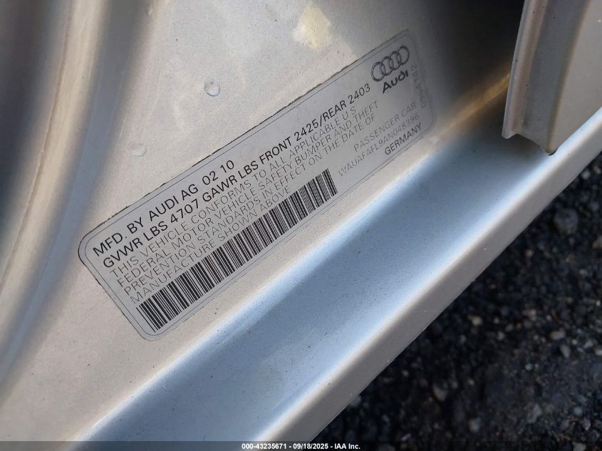2010 Audi A4 2.0T Premium VIN: WAUAFAFL9AN048396 Lot: 43235671