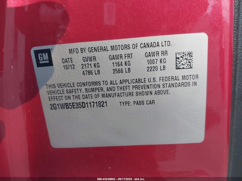 2013 Chevrolet Impala Lt VIN: 2G1WB5E35D1171821 Lot: 43235682