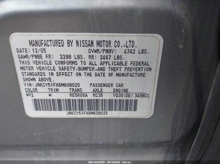 2006 Infiniti G35X VIN: JNKCV51FX6M608025 Lot: 43235709