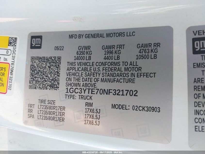 2022 Chevrolet Silverado 3500Hd 4Wd Long Bed Lt VIN: 1GC3YTE70NF321702 Lot: 43235720