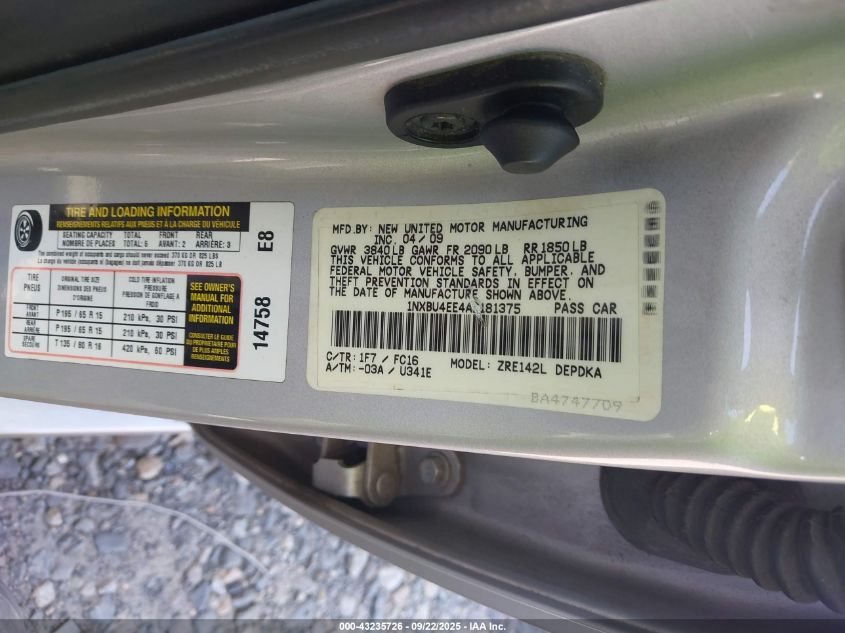 2010 Toyota Corolla Le VIN: 1NXBU4EE4AZ181375 Lot: 43235726